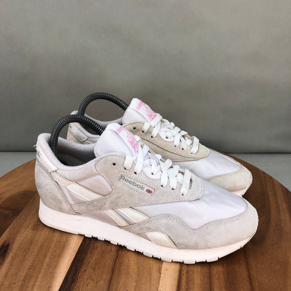 Reebok Classic Nylon Womens Size 8 White Pink Suede Sneakers Athletic Shoes